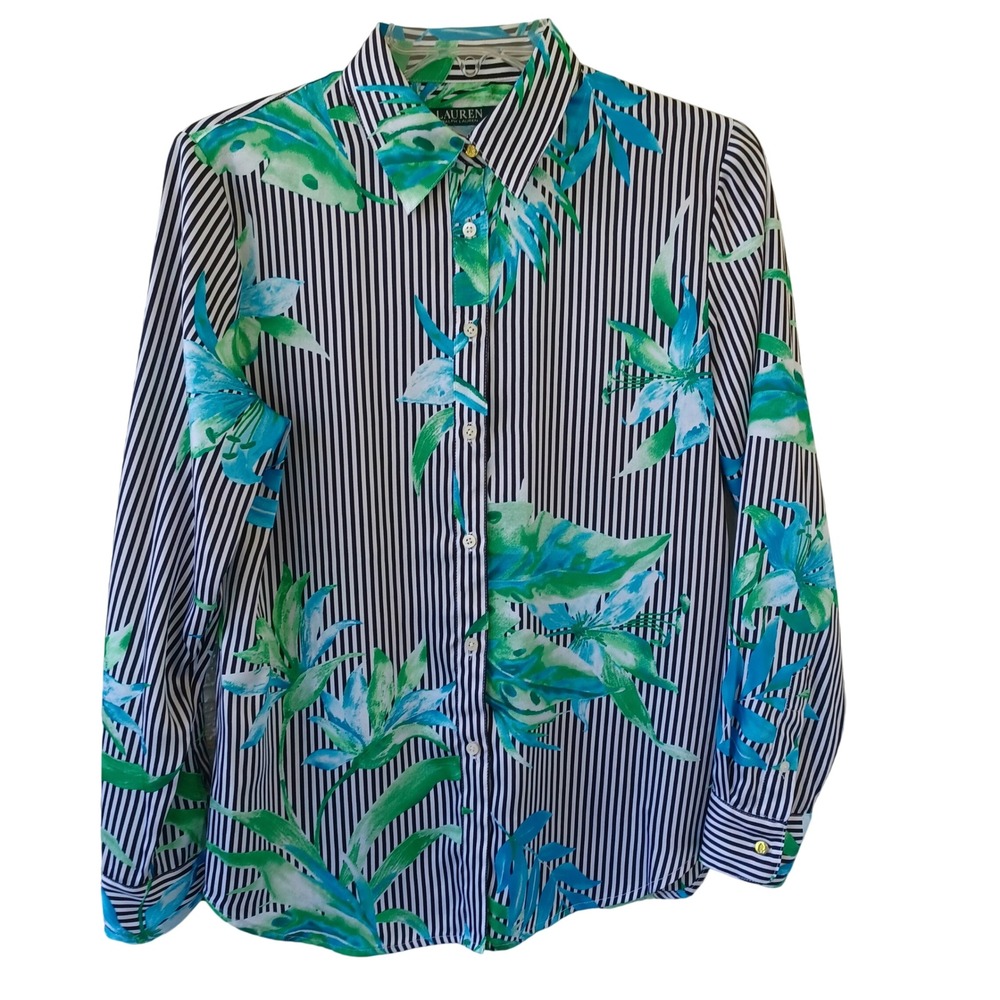 Lauren Ralph Lauren Petite PM Floral Striped Button Down Blouse Navy Green White